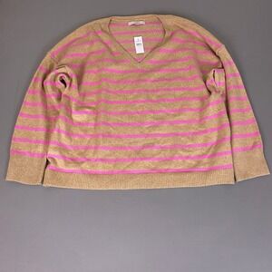 LOFT Sweater Women's XL V-Neck Striped Tan Pink Long Sleeve Cotton Blend New NWT